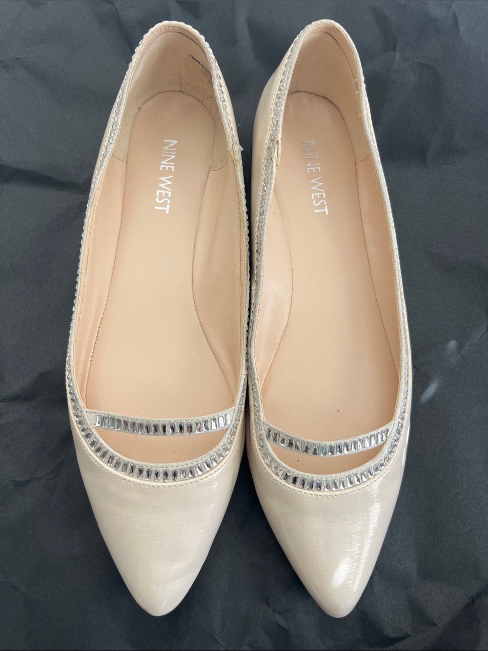 Nine West Pointed-Toe Flats in off-white w/ rhinestone embellishment